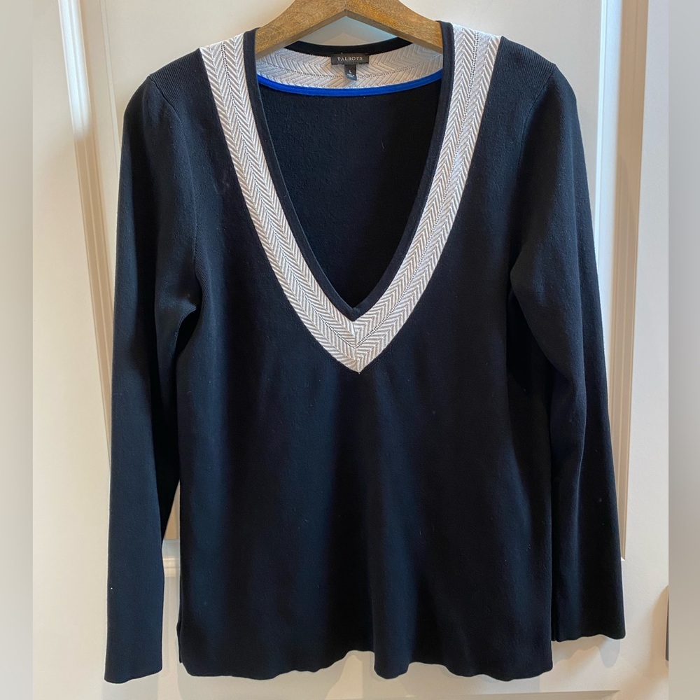Talbots Black White Trim V-Neck Sweater, Size L